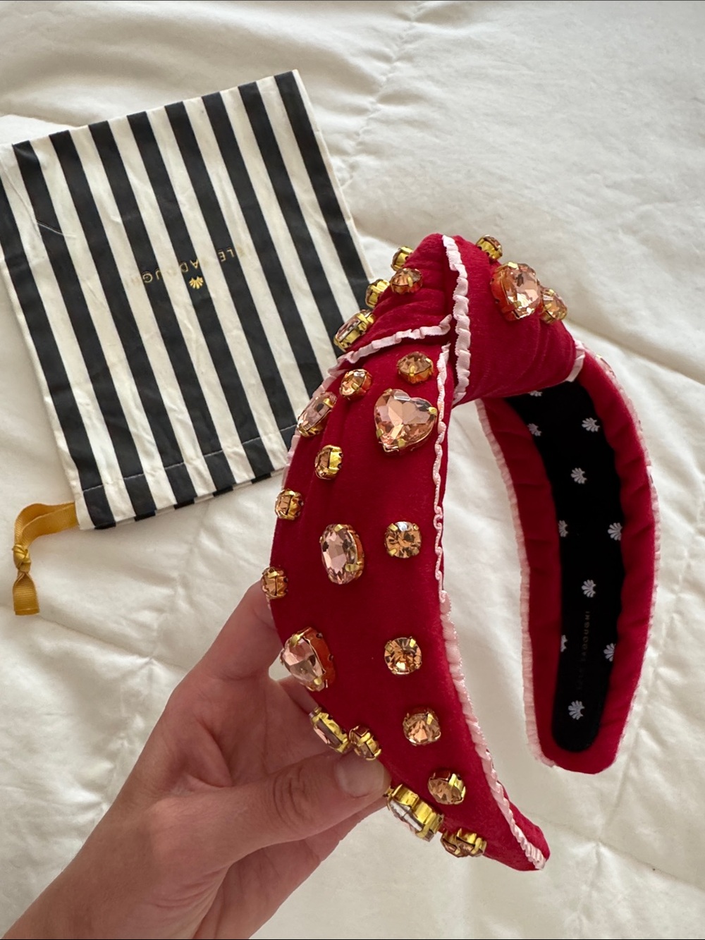 Lele Sadoughi Red Jeweled Velvet Headband with Pink & Gold Gems
